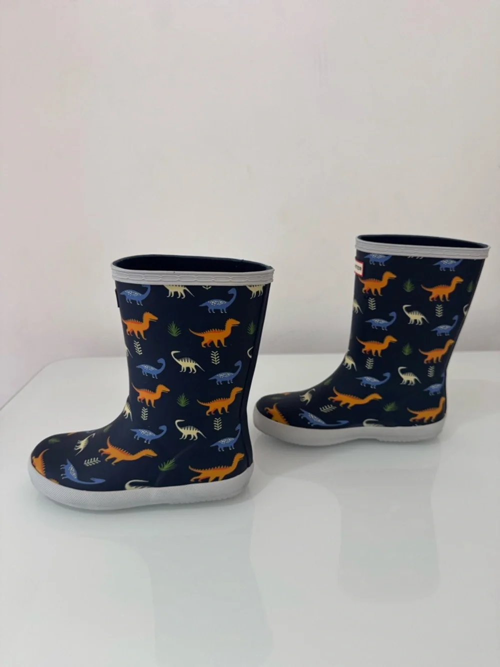 Hunter Kids Navy Rain Boots with Orange & Blue Dinosaurs, US Size 13